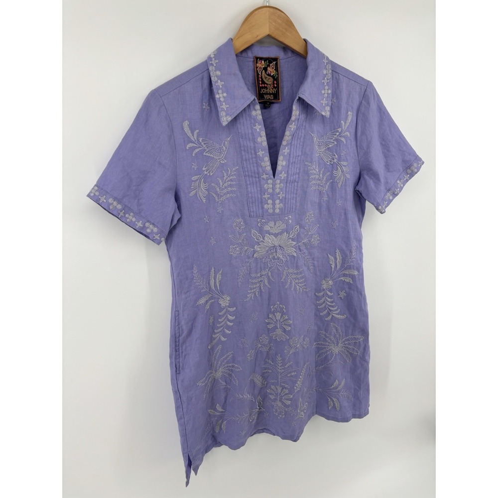 NWOT Johnny Was Linen Henley Collared Dress Sz XS Embroidered Boho Preppy $275 - Picture 8 of 15